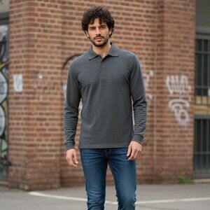 Galaxy By Harvic Dark Gray Long Sleeve Men's Polo Shirt Size Medium